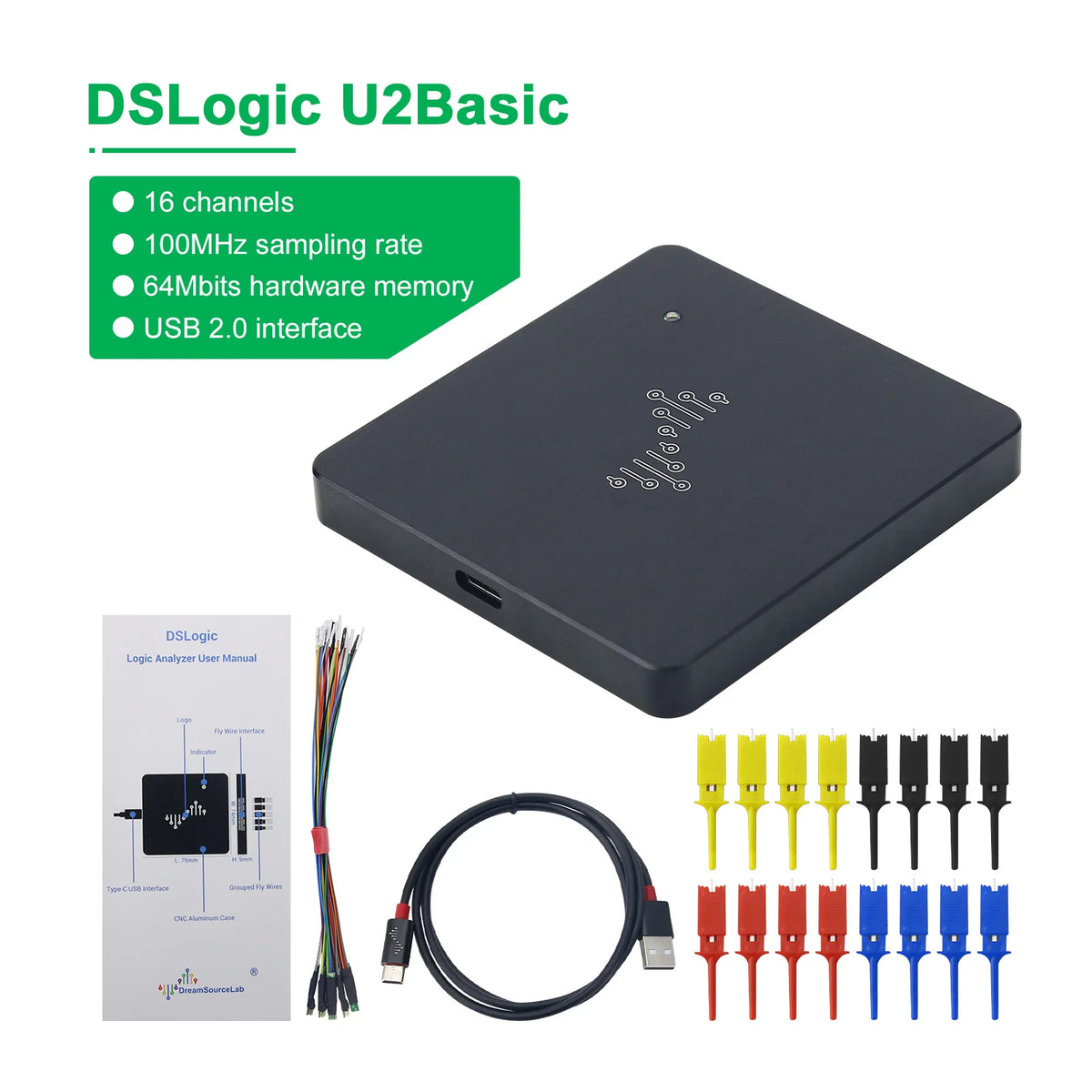 DSLogic U2Basic / DSLogic Plus 16CH Logic Analyzer USB 2.0 100MHz Sampling Rate 64Mbits Hardware Memory Debugging