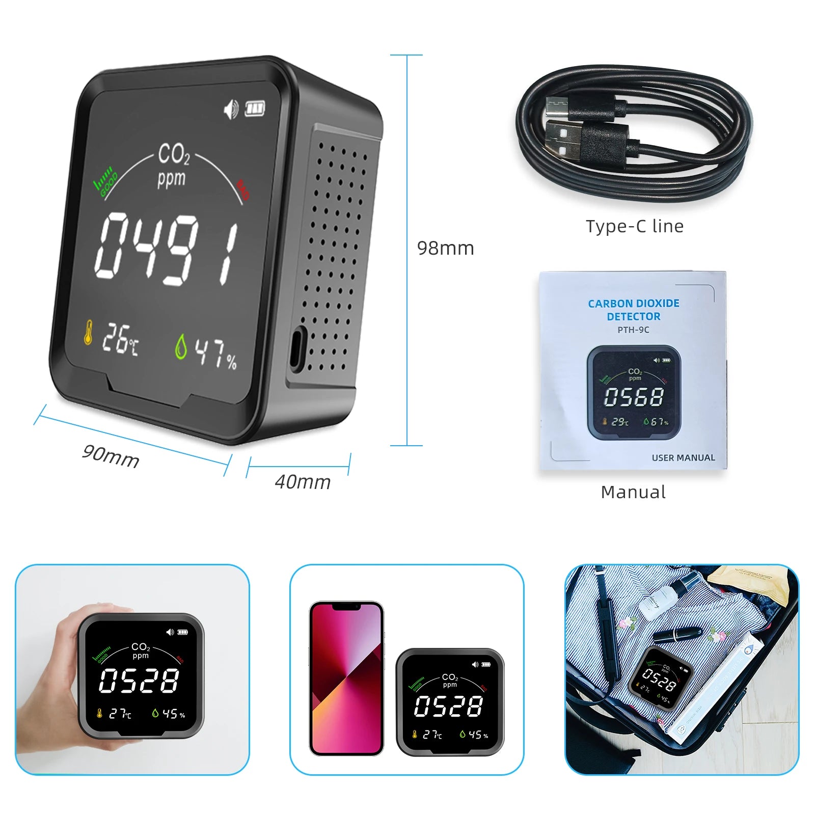 FABISENSE pth-9c NDIR co2 senor Carbon Dioxide Detector with Temperature and Humidity Meter CO2 Beep Alarm Low Battery Reminder