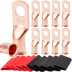 10pcs Copper Terminal Connectors, AWG 2 4 6 8 1/0 2/0 Ring Lug With Shrink Tubing 10Battery Cable Lugs, With 10 Shrink Tubing