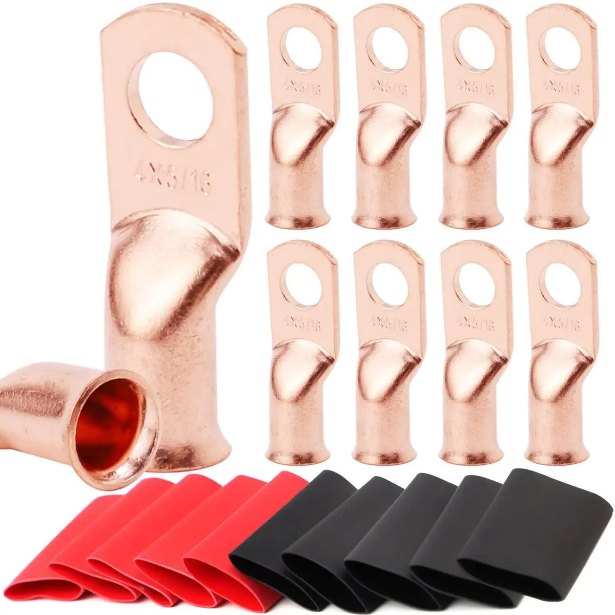 10pcs Copper Terminal Connectors, AWG 2 4 6 8 1/0 2/0 Ring Lug With Shrink Tubing 10Battery Cable Lugs, With 10 Shrink Tubing