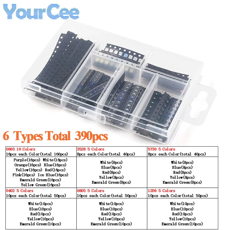 50pcs-390pcs SMD LED 0402 0603 0805 1206 3528 2835 5050 5730 Diode Red Blue Yellow White Green Orange Purple Pink