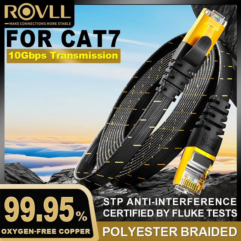 ROVLL CAT7 Ethernet Cable Flat Lan Cable STP Round RJ45 Network Cable Cat 7 Internet Cord 10Gbps Braided Patch Cord