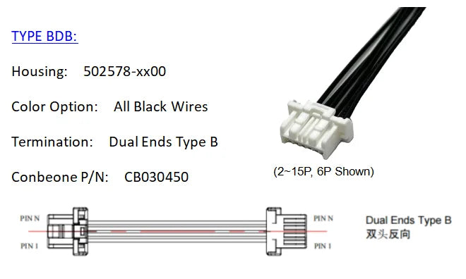 5025780800 Wire harness, MOLEX Click Mate 1.50mm Pitch Cable,502578-0800，8P, Off The Shelf, 10Pieces Per Bag