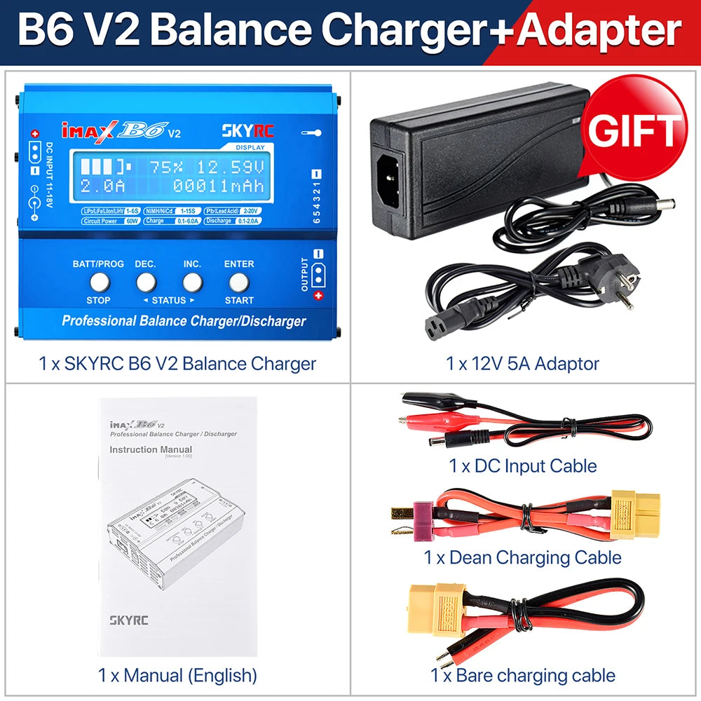 SKYRC Lipo Charger IMAX B6 EVO B6 V2 B6 Mini B6AC V2 Balance Battery Charger Discharger with Adapter Temperature Sensor 6A 1-6S