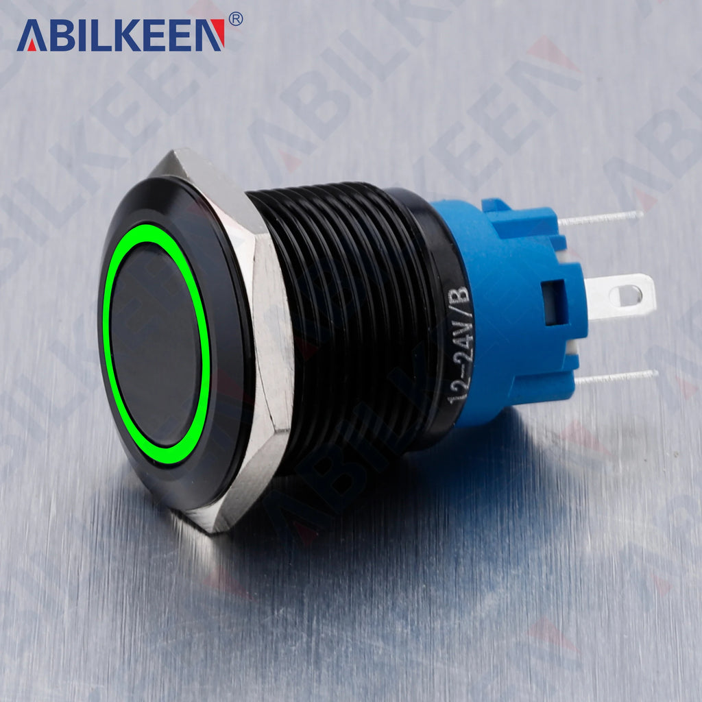 ABILKEEN 19mm Black Shell Push Button Switch LED Ring Illuminate Momentary/Latching Function 1NO1NC IP65 Waterproof Push Button