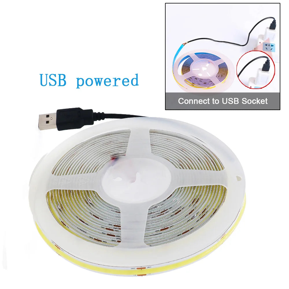 5V USB COB Led Strip Light White/Red/Green/Pink/Ice Blue/Yellow 320 Leds Flexible Ribbon DC Night Lamp TV Backlights Home Decor
