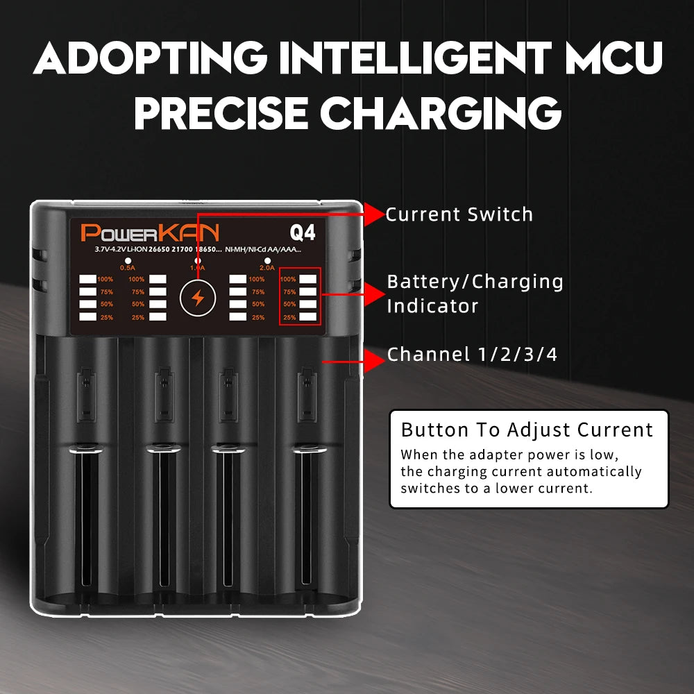 POWERKAN Q4 4-Bay Charger for 1.2V Ni-MH AA AAA & 3.7V Li-ion 18650 26650 Batteries with USB Output