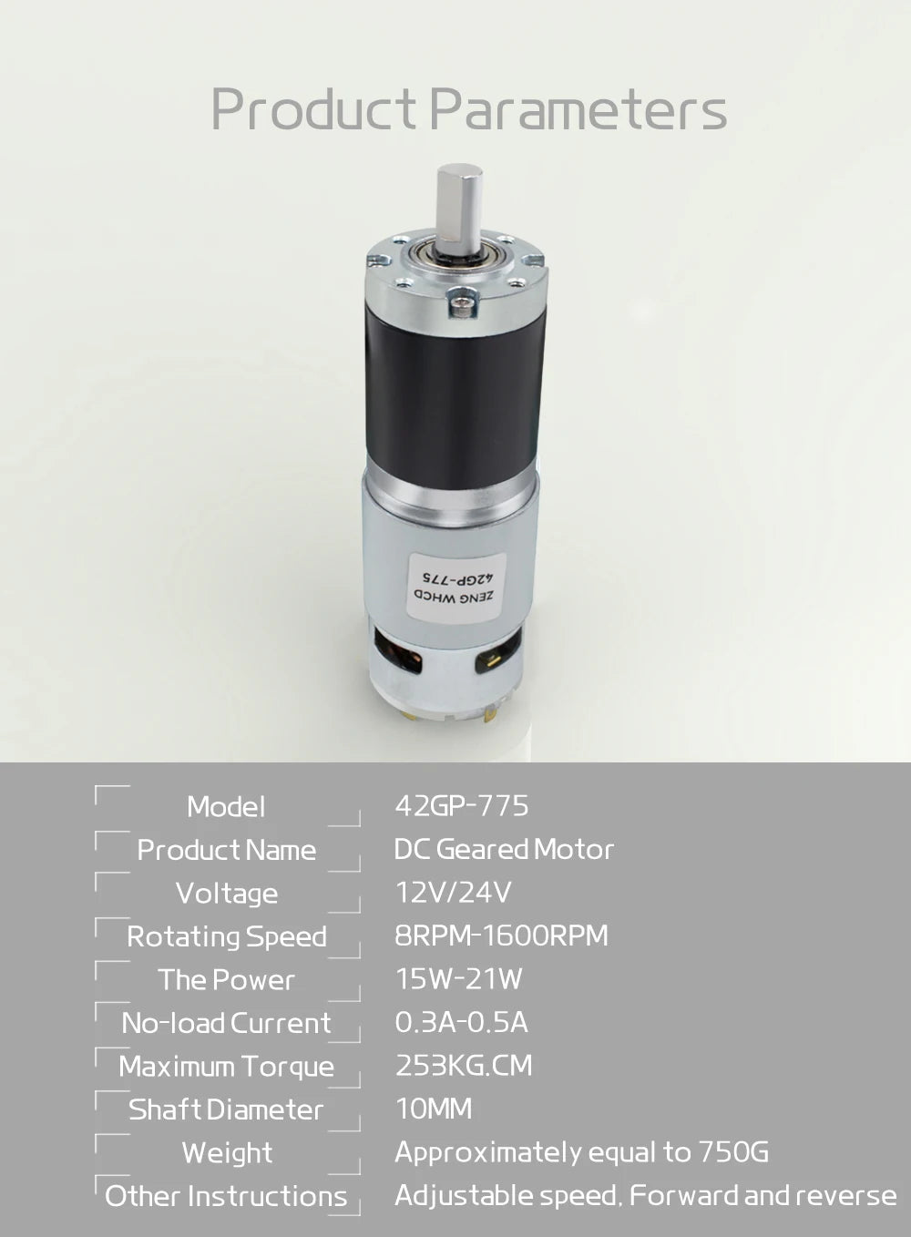 Planetary Reduction Motor 42GP-775 High Torque 12V/24V Can Rotate Forward and Reverse 8PRM~1600PRM, Maximum Torque 253KG.CM