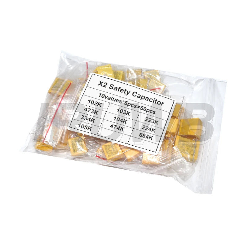 50pcs 275VAC 10Values Each 5pcs 1NF - 1UF Polypropylene Film X2 Safety Capacitor Assorted Kit
