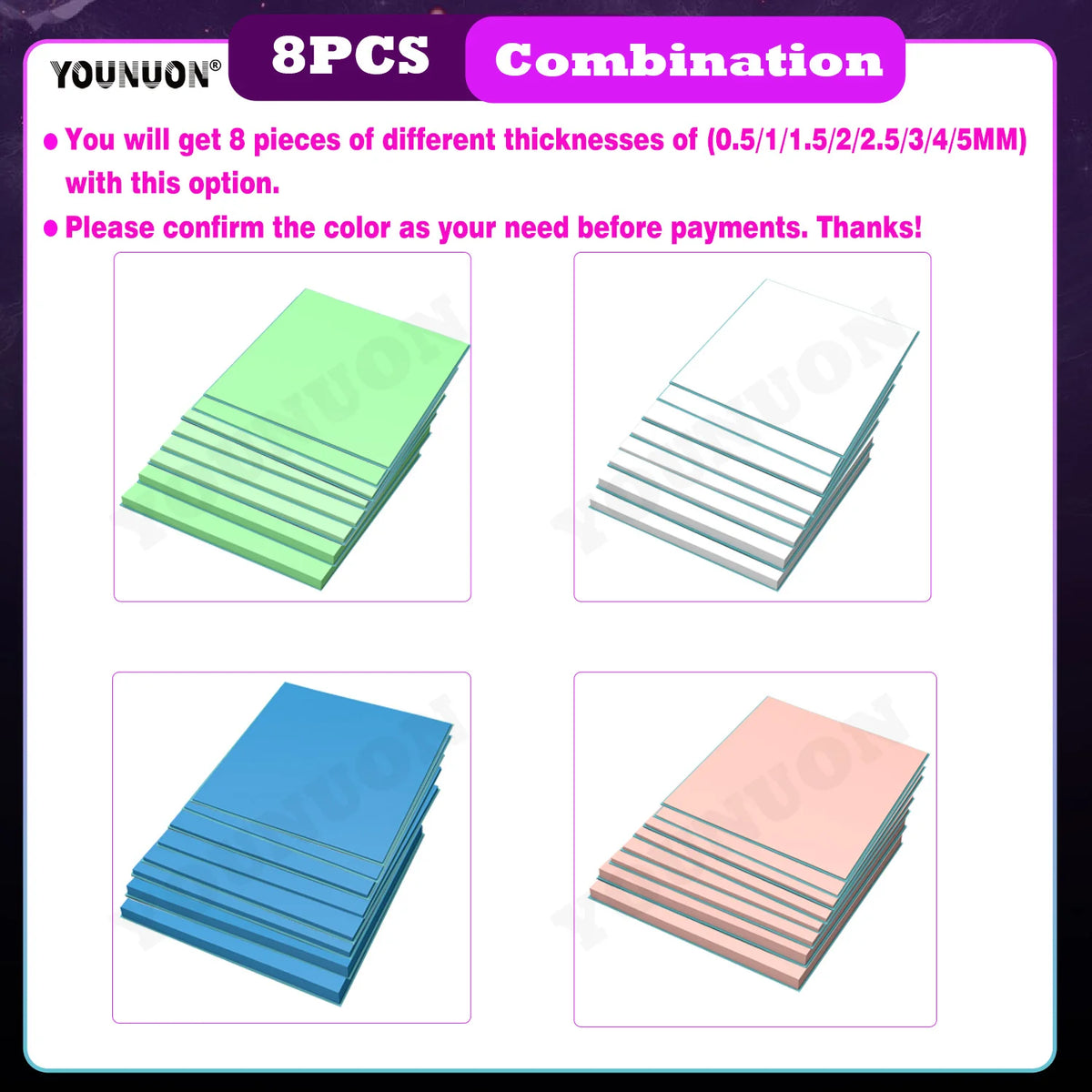 8 Pieces 100x100x0.5mm 1mm 1.5mm 2mm 2.5mm 3mm 4mm 5mm Blue White Green Combination Thermal Pads Cooling Conductive Silicone
