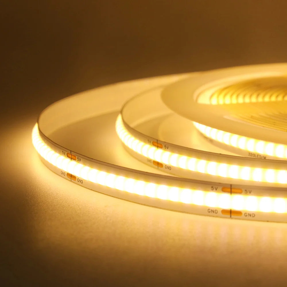 3mm 5mm PCB Battery Power COB LED Strip Light 5V Warm Natural White Blue Red Green Pink Tape 320LEDs 8mm High Density Flex Lamp
