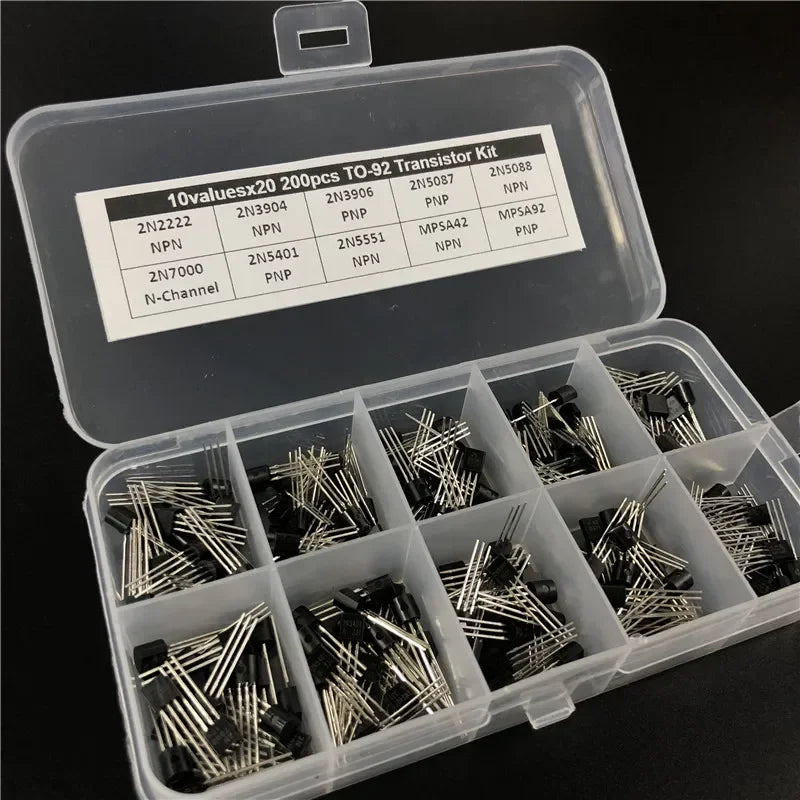 10ValuesX20 200pcs TO-92 Transistor Assortment Assorted Kit 2N2222 2N3904 2N3906 2N5087 2N5088 2N7000 MPSA42 MPSA92 etc