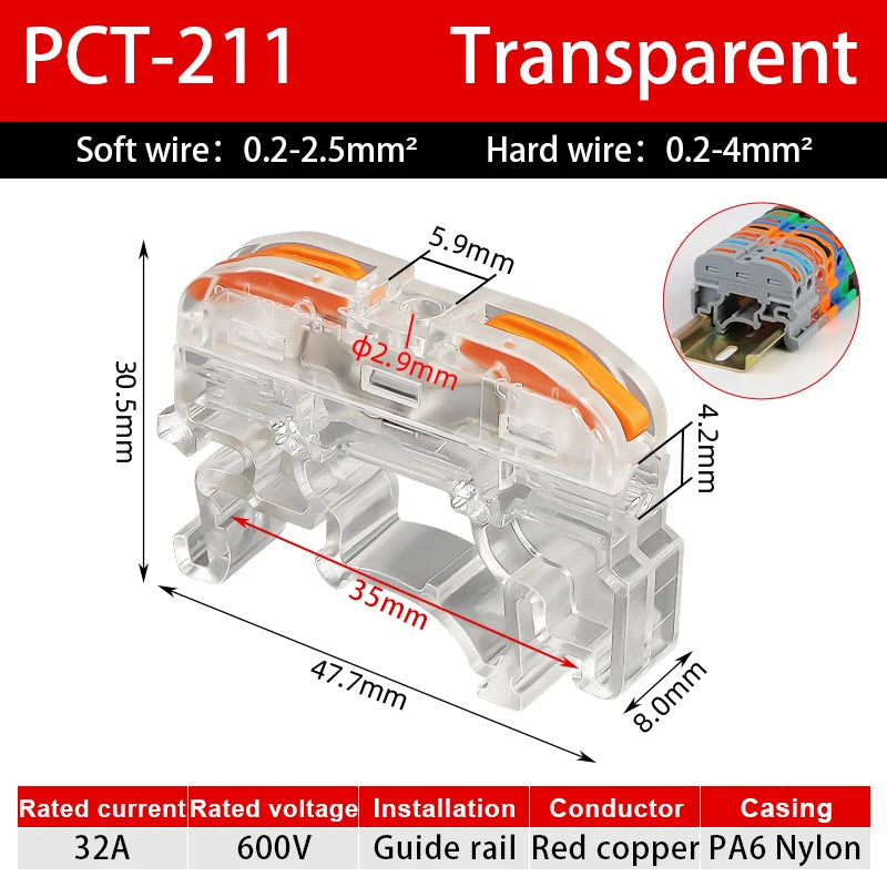 10/20Pcs Din Rail Quick Connector 211 Universal Mini Wire Compact Copper Conductor Cable Push-in Butt 0.08-4mm² Terminal Block