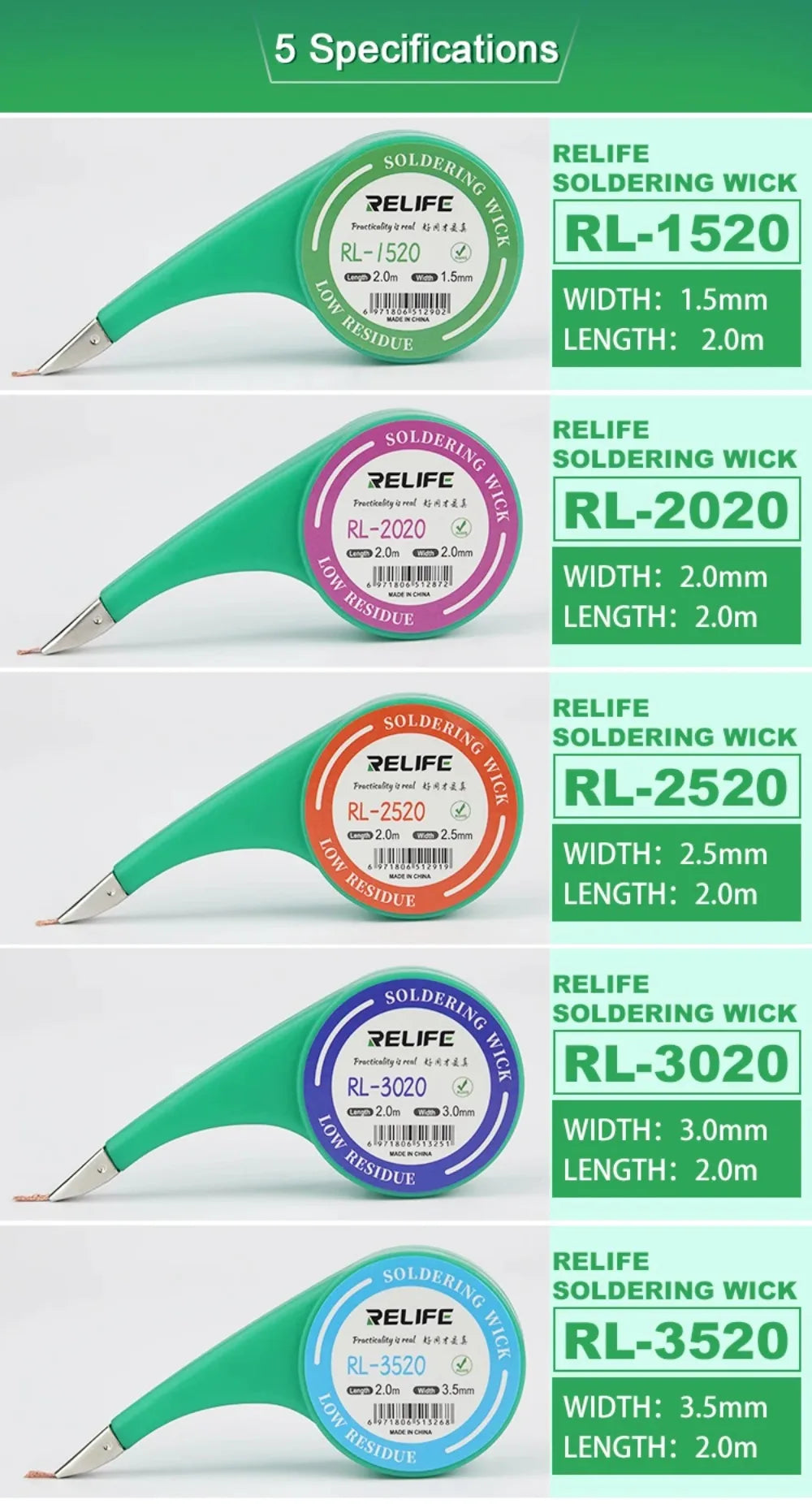 RELIFE Anti-heat Desoldering Wick Wire Mesh Accurate Control Sucker Braid for BGA Welding Repair Tool 1.5mm 2mm 2.5mm 3mm 3.5mm