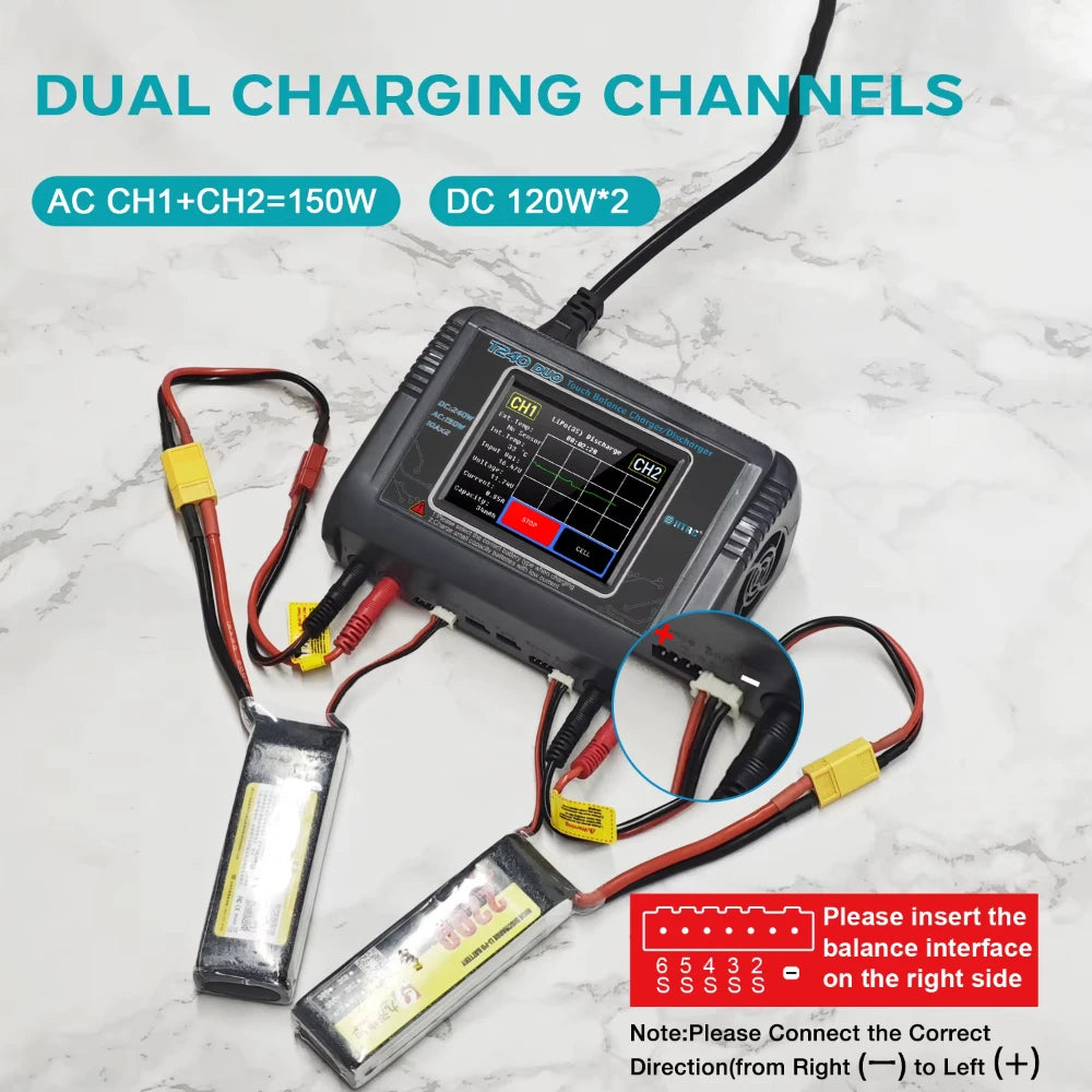 HTRC T240 LIPO balanced charger DUO AC 150W DC 240W 10A Touch Screen Dual Channel Battery Balance Charger Discharger