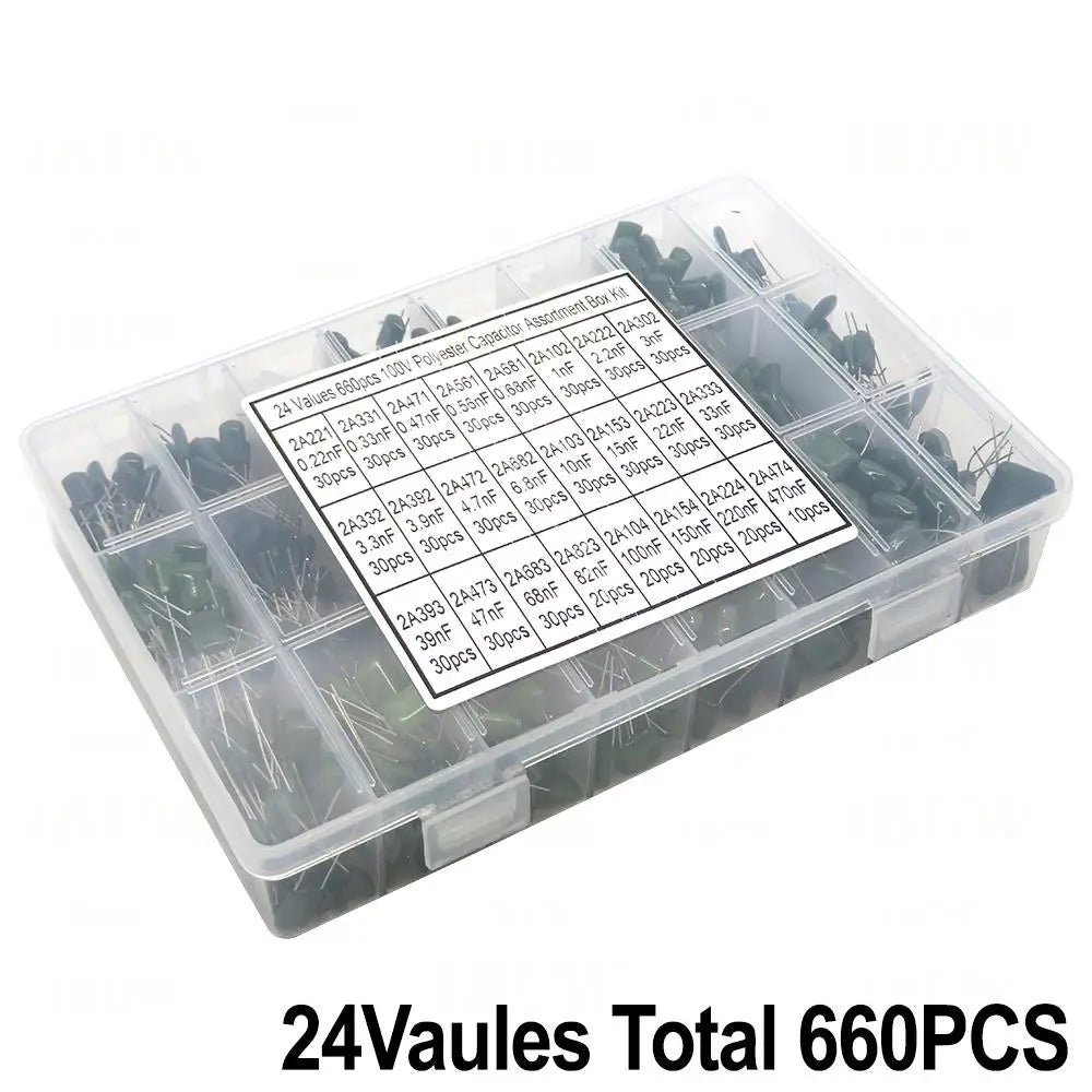 150/180/660PCS Polyester Film Capacitor Kit 100V 1nF 1.5nF 2.2nF 100nF 2A102J 2A471J 2A222J 2A392J 2A332J 2A472J 2A103J 2A473J