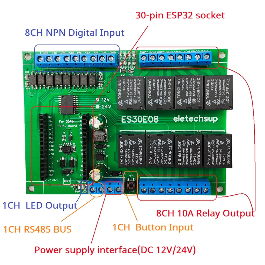 DC12V 24V ESP32 Expansion Board 8CH 10A Relay 8 Opto Isolated Input RS485 WIFI Remote Control PLC Motor LED Timer Switch