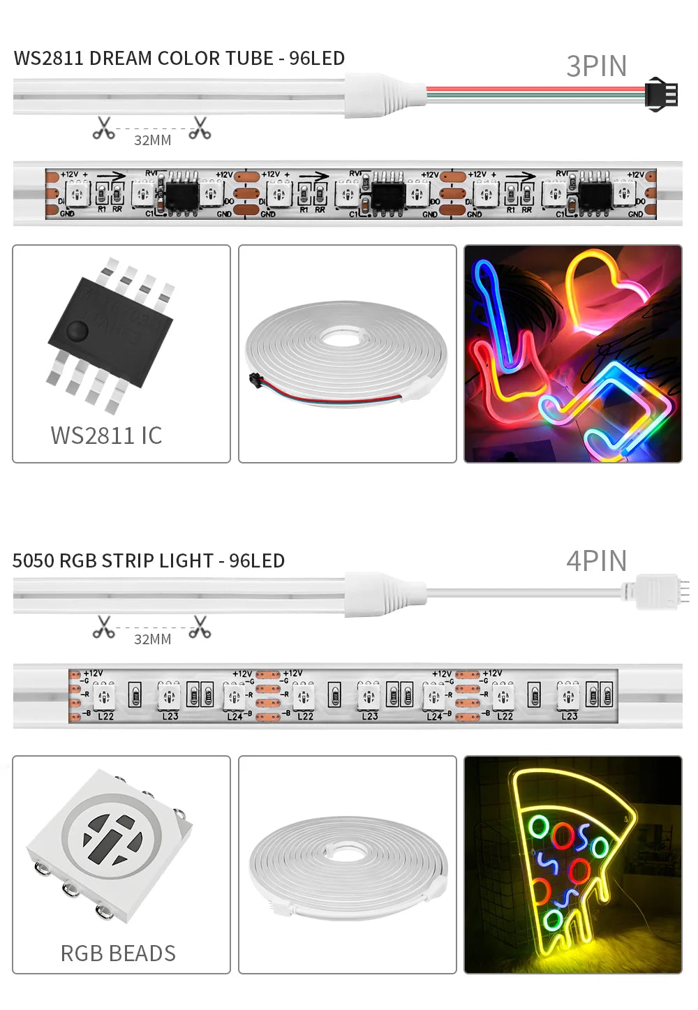 Dream Color LED Neon Strip WS2811 5050 RGBIC P67 Waterproof   Addressable Smart IC Flexible Light Tape for Room DIY DC12V/24V