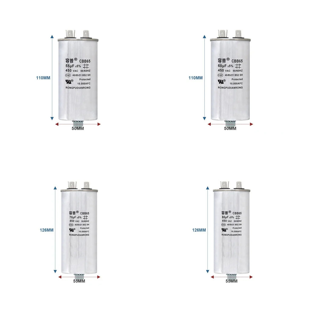 CBB65 Air Conditioner Capacitor Bottom with Screw 5UF 10UF 15UF 20UF 25UF 30UF 35UF 40UF 50UF 60UF 70UF 80UF 100UF 450V Screw