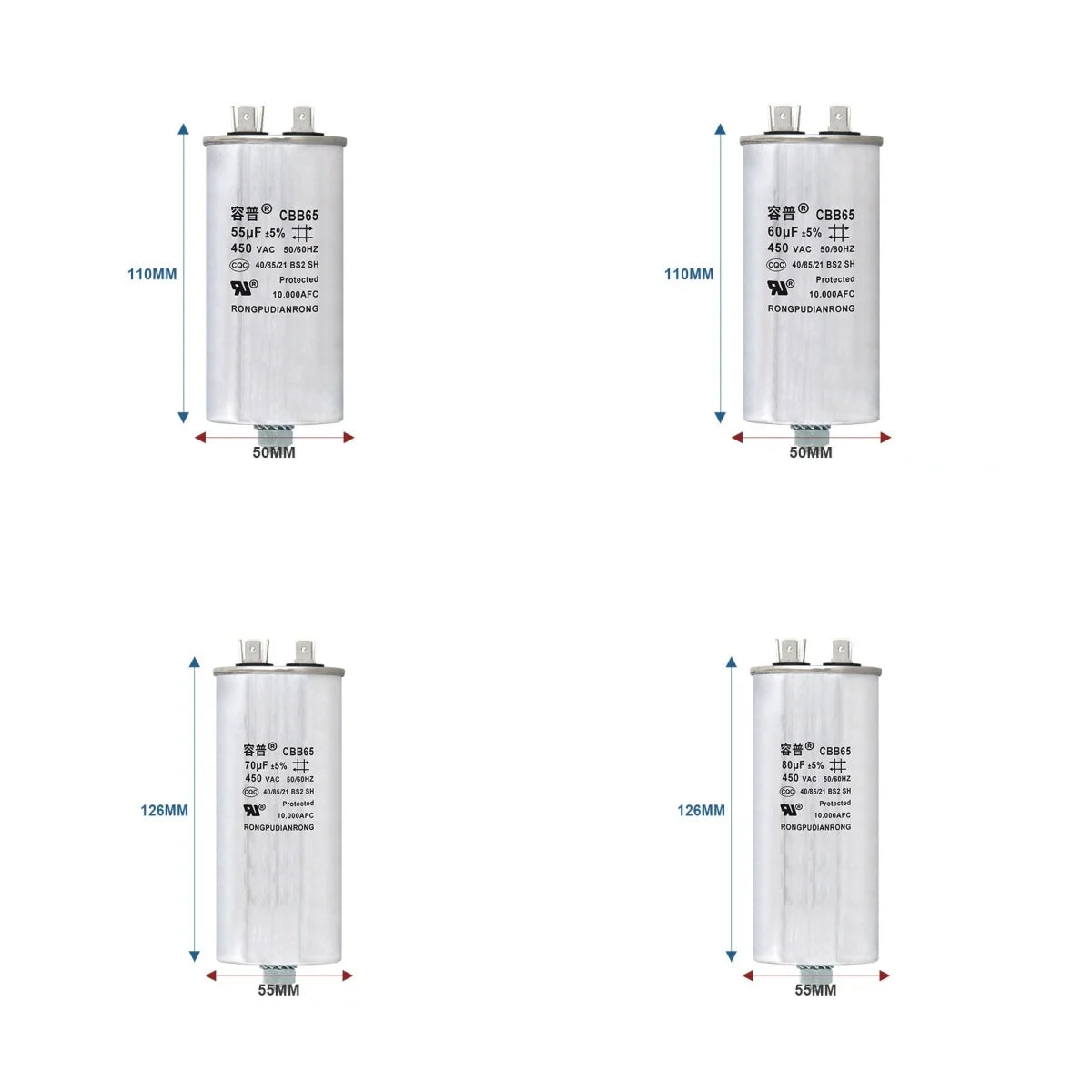 CBB65 Air Conditioner Capacitor Bottom with Screw 5UF 10UF 15UF 20UF 25UF 30UF 35UF 40UF 50UF 60UF 70UF 80UF 100UF 450V Screw