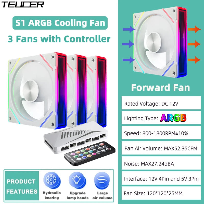 TEUCER Prism  ARGB PC Fan 12cm Computer Case Fan Kit Water Cooler 4pin PWM 5V 3PIN Cooling Fans