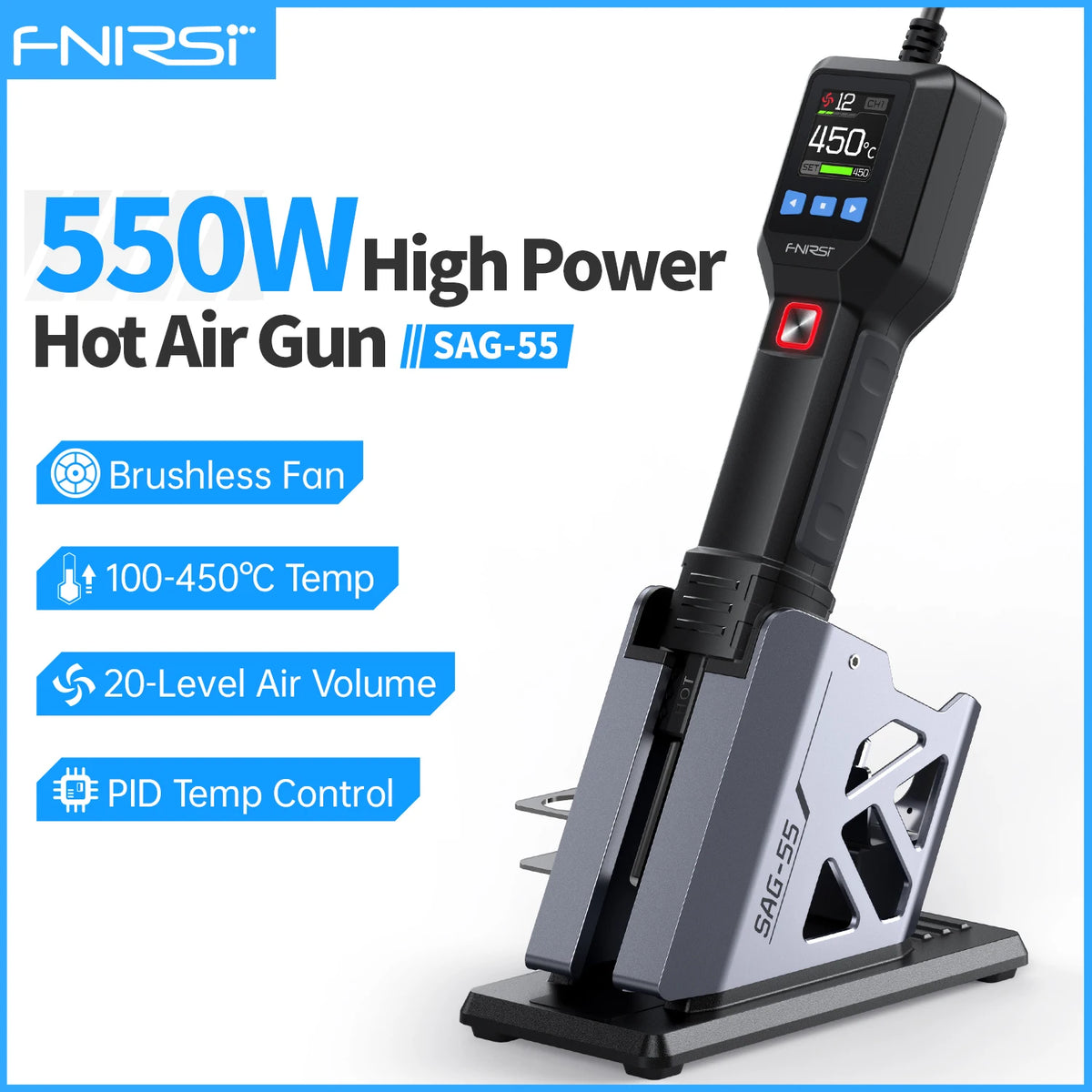 FNIRSI SAG-55 Micro Hot Air Gun 550W With Stand BGA Rework LCD Digital Hair Dryer Soldering Heat Gun For Welding Repair Tools