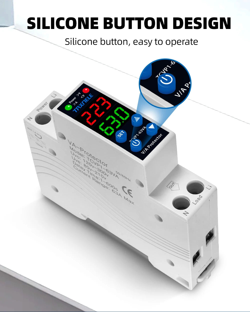 18MM 1P+N 63A 230V Dual Display Adjustable Digital Over Under Voltage Relay Surge Protector Limit Over Current Protection