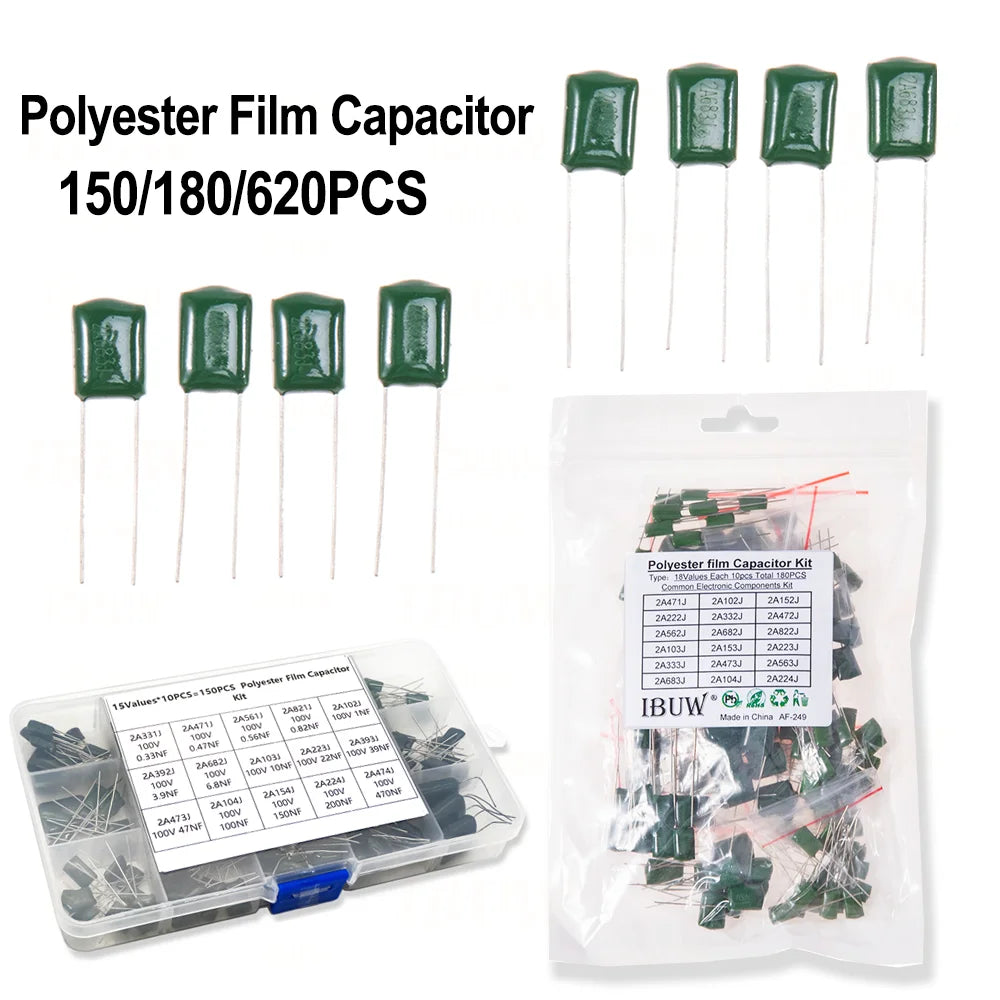 150/180/660PCS Polyester Film Capacitor Kit 100V 1nF 1.5nF 2.2nF 100nF 2A102J 2A471J 2A222J 2A392J 2A332J 2A472J 2A103J 2A473J