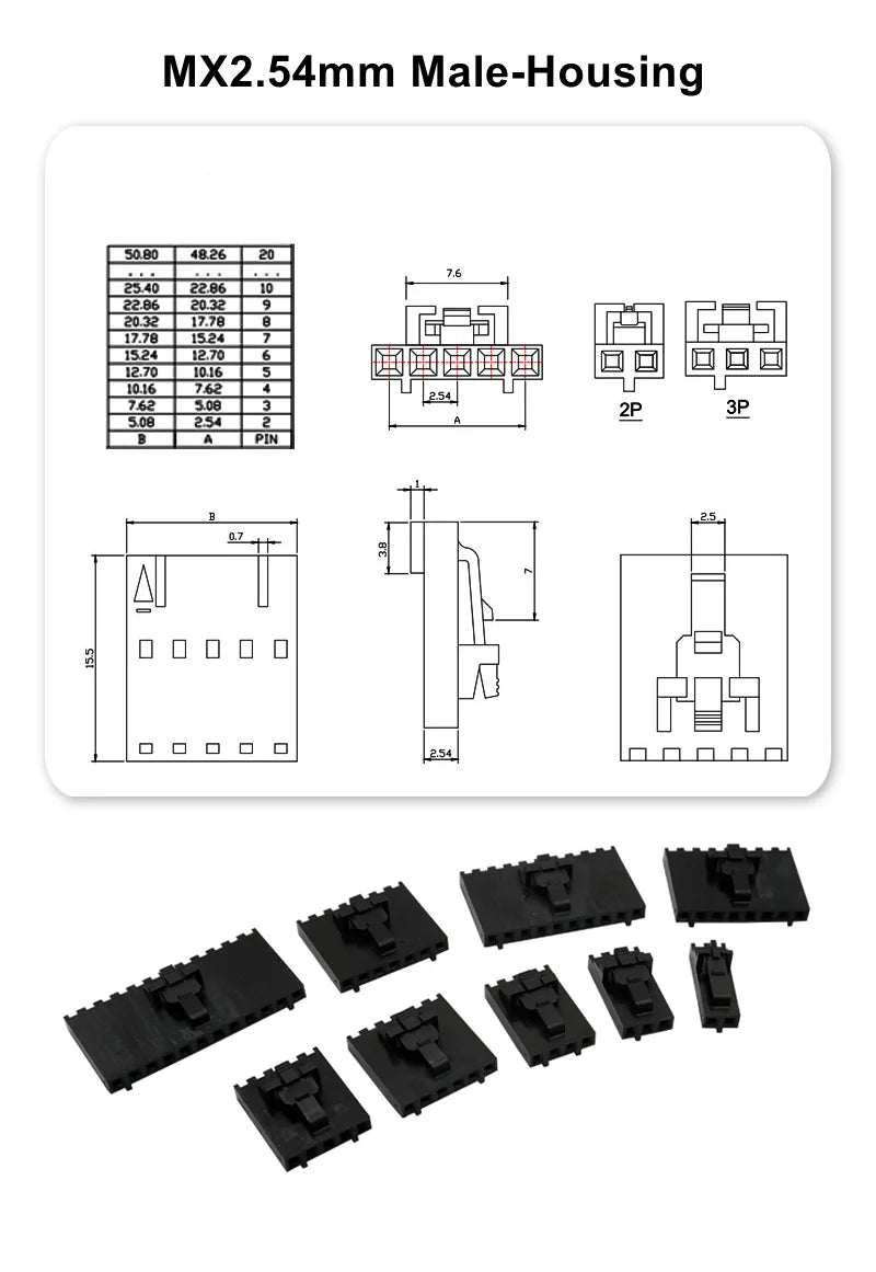 10Set(20PCS) MX2.54 Dupont Connector Housing With Lock Buckle 2.54mm Pitch Single Row 2P/3P/4P/5P/6P/7P/8P/10P/12P Docking Shell
