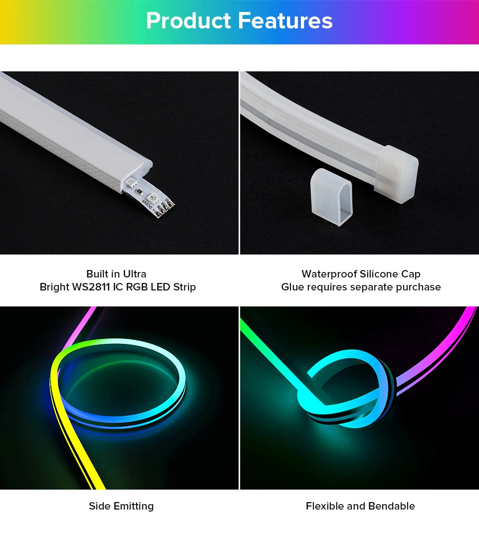 WS2811 RGBIC Neon Light Strip Addressable Neon Sign Silicone External 1 IC Control 6 LEDs Bright Tape 108 LEDs/M 24V IP67 3m 5m