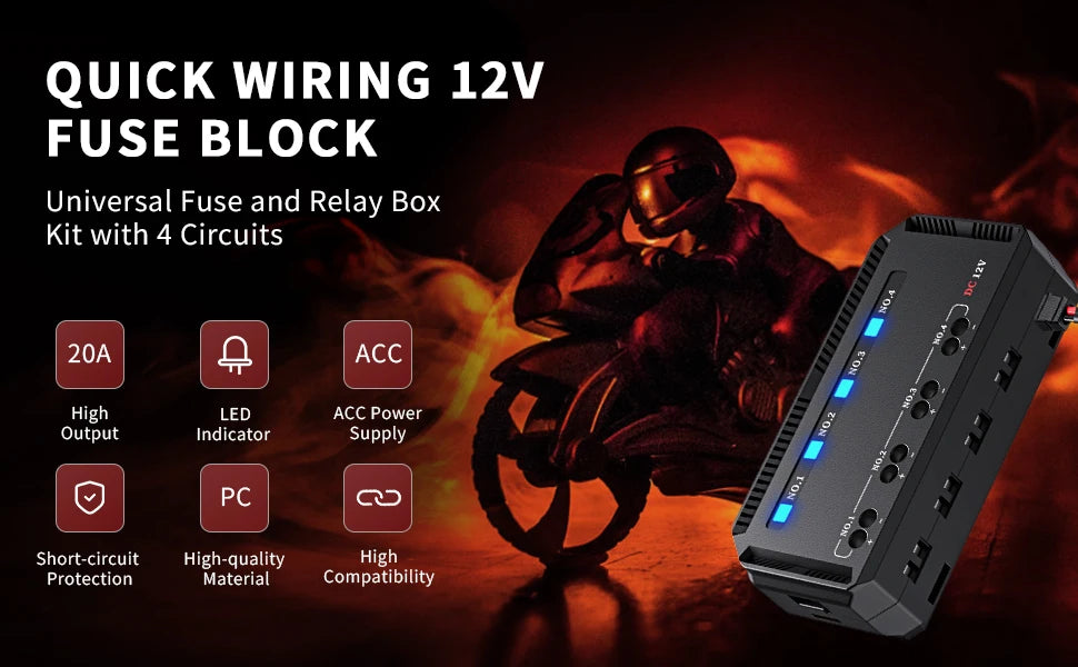 Anchtek 12V Motorcycle Fuse Box Universal Automotive Fuse Block with 4 Circuits Low Profile Mini Blade LED Indicator Fuse Holder