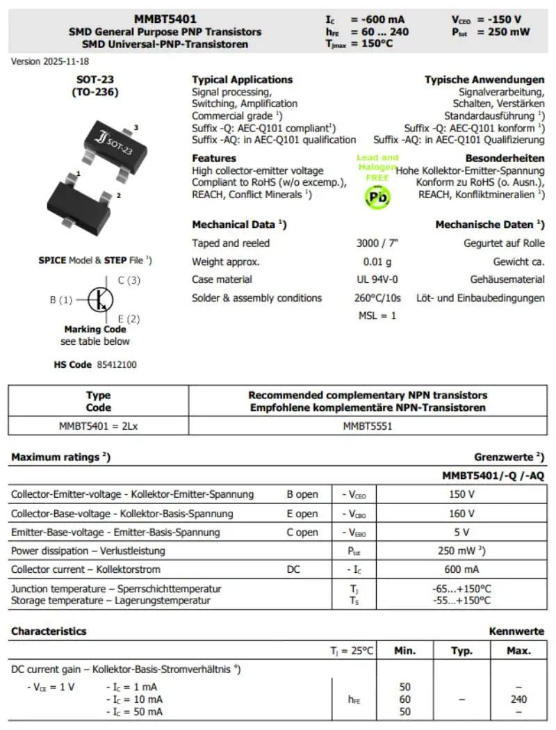50 Pcs MMBT3904 MMBT3906 MMBT5551 MMBT5401 SOT-23 SMD BJT Transistor 40V-160V Used For Switching Amplification Complex Pair
