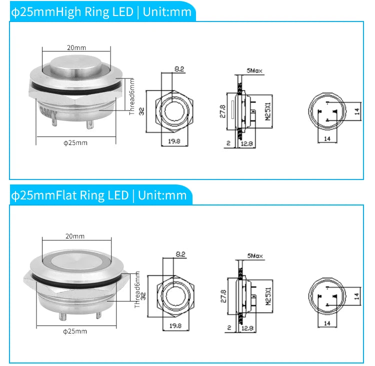 12mm 16mm 19mm 22mm Ultra-short Style Microtravel Stainless Steel Push Button Switch Led Lamp Self-reset/Momentary Normal Open