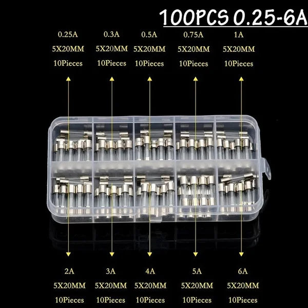 100Pcs  Fast-blow Glass Tube Fuses 5*20 Household Fuses Car Glass Tube Fuses Assorted Kit 5X20 with Box Fusiveis 0.1A-30A