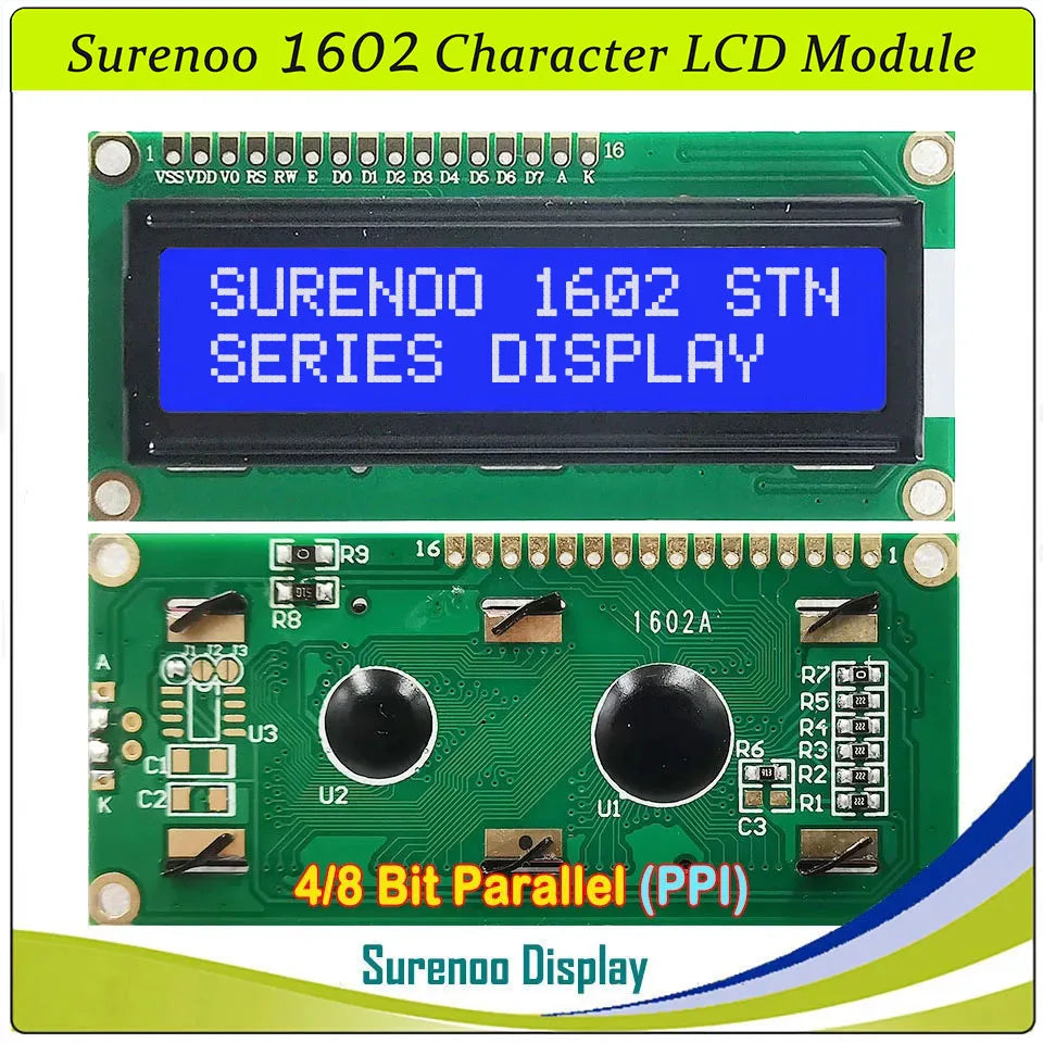 Surenoo 1602 16X2 162 5V 4-Bit 8-Bit Parallel Character LCD Module Display Screen Panel LCM STN Yellow Green Blue White Sky Blue
