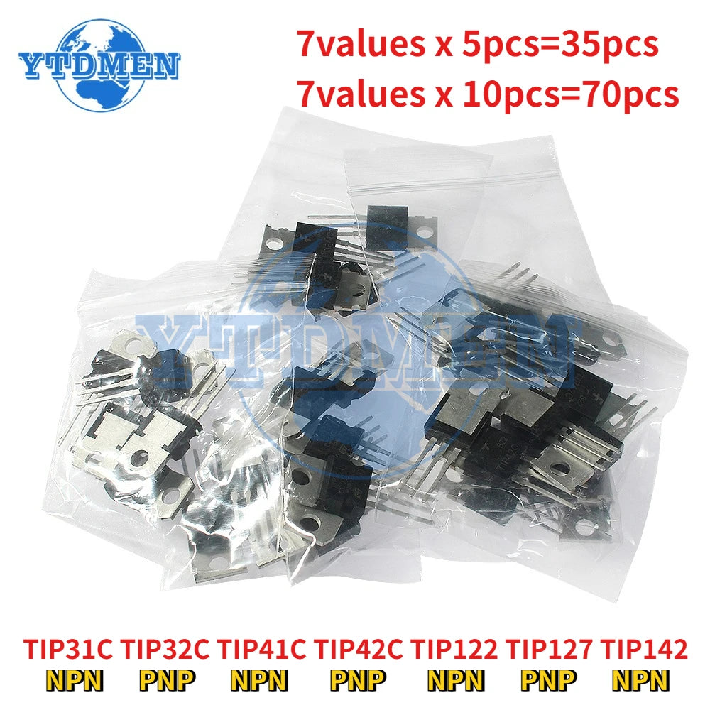 35/70pcs 7values Transistor Kit TIP31C TIP32C TIP41C TIP42C TIP122 TIP127 TIP142 PNP NPN TO-220 Transistors Set