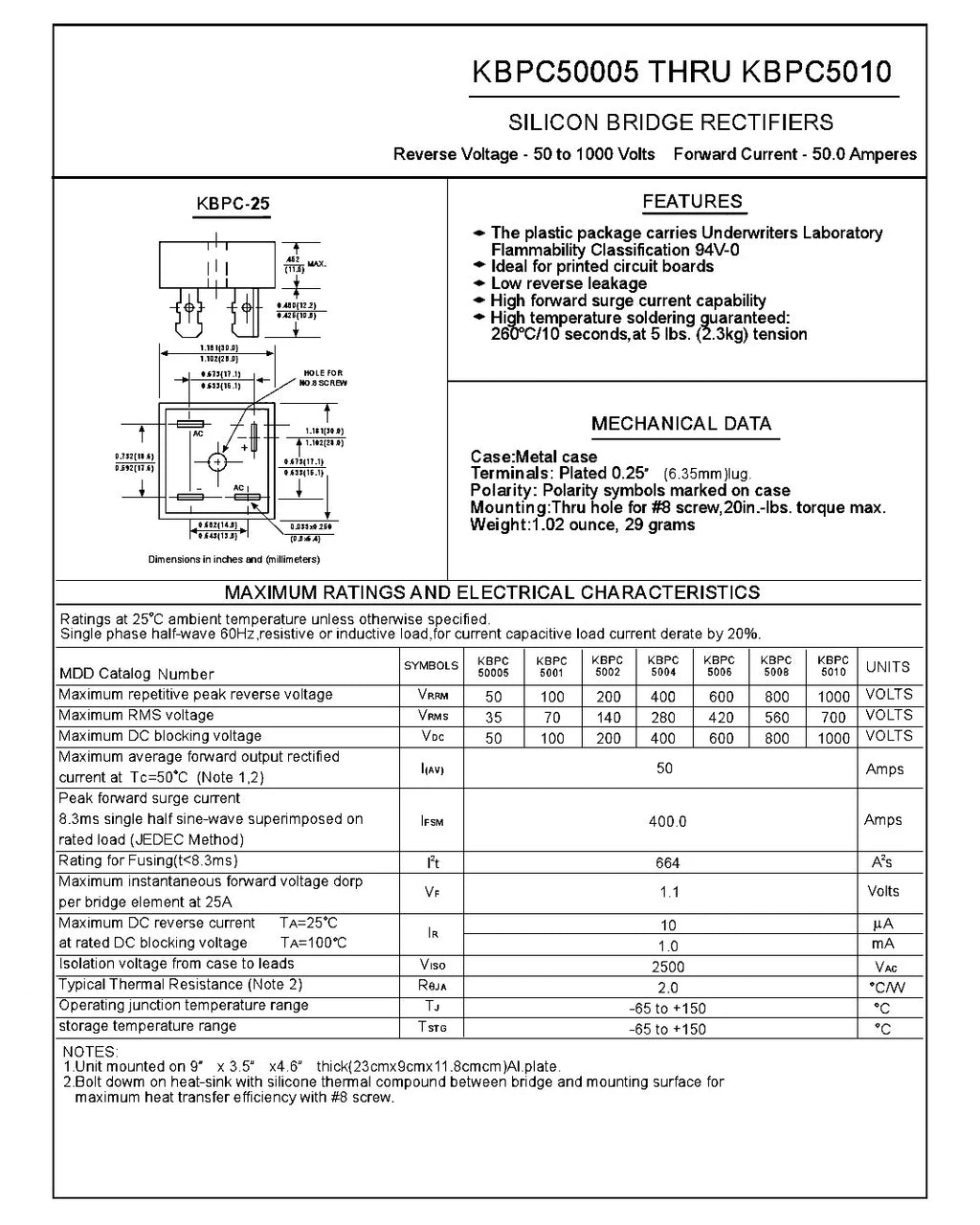 KBPC1510 KBPC2510 KBPC3510 KBPC5010 15A 25A 35A 50A 1000V Diode Bridge Rectifier kbpc5010