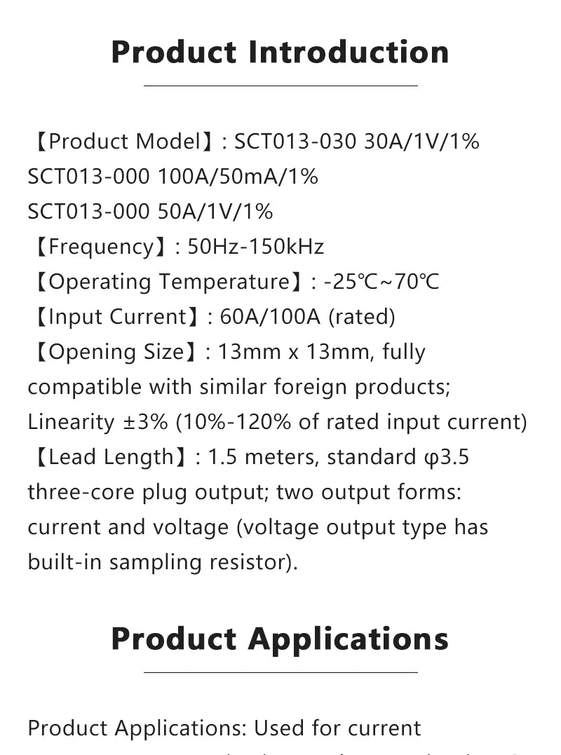 SCT-013 Split Core Current Transformer 5A 10A 15A 20A 30A 50A 60A 100A Multi-range Non-invasive Clip-on AC Current Sensor