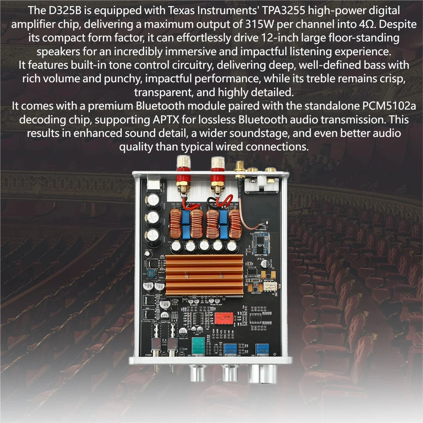 YJCO 300W×2 TPA3255 HIFI Digital Amplifier Bluetooth 5.1 SBC AAC APTX HD Decoder Bass Treble Control for Home Theater D325B