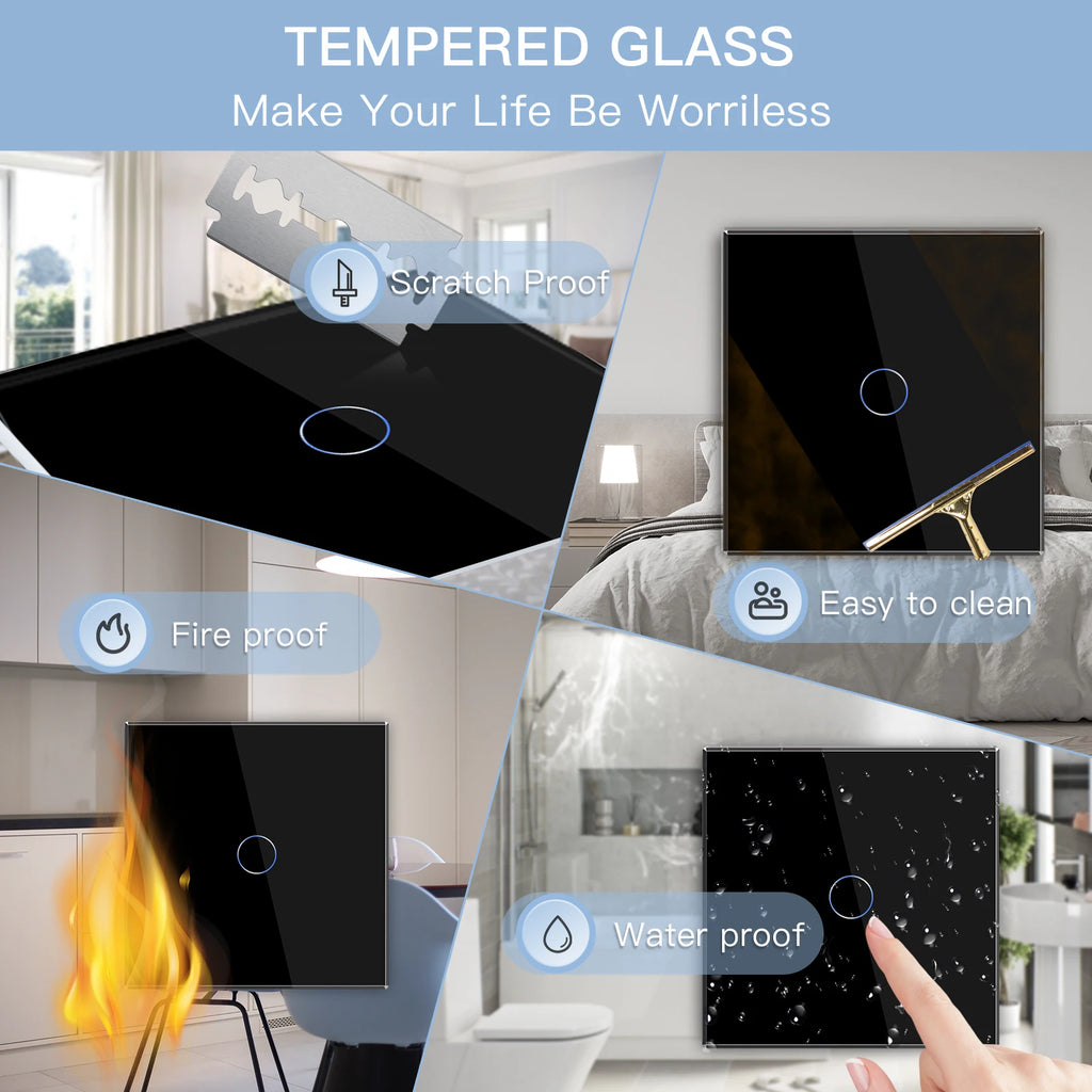 BSEED EU Standard 1/2/3Gang 2Way Wall Touch Switch Light Sensor Switches Wall Socket USB Type-C Crystal Glass Panel 240V Black