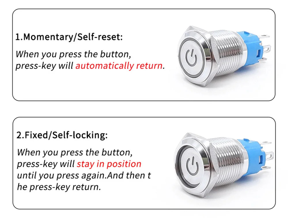 5PCS 16/19/22MM Waterproof Metal Push Button Switch LED Light Momentary Latching Car Engine Power Switch Socket 5V 12V 24V 220V