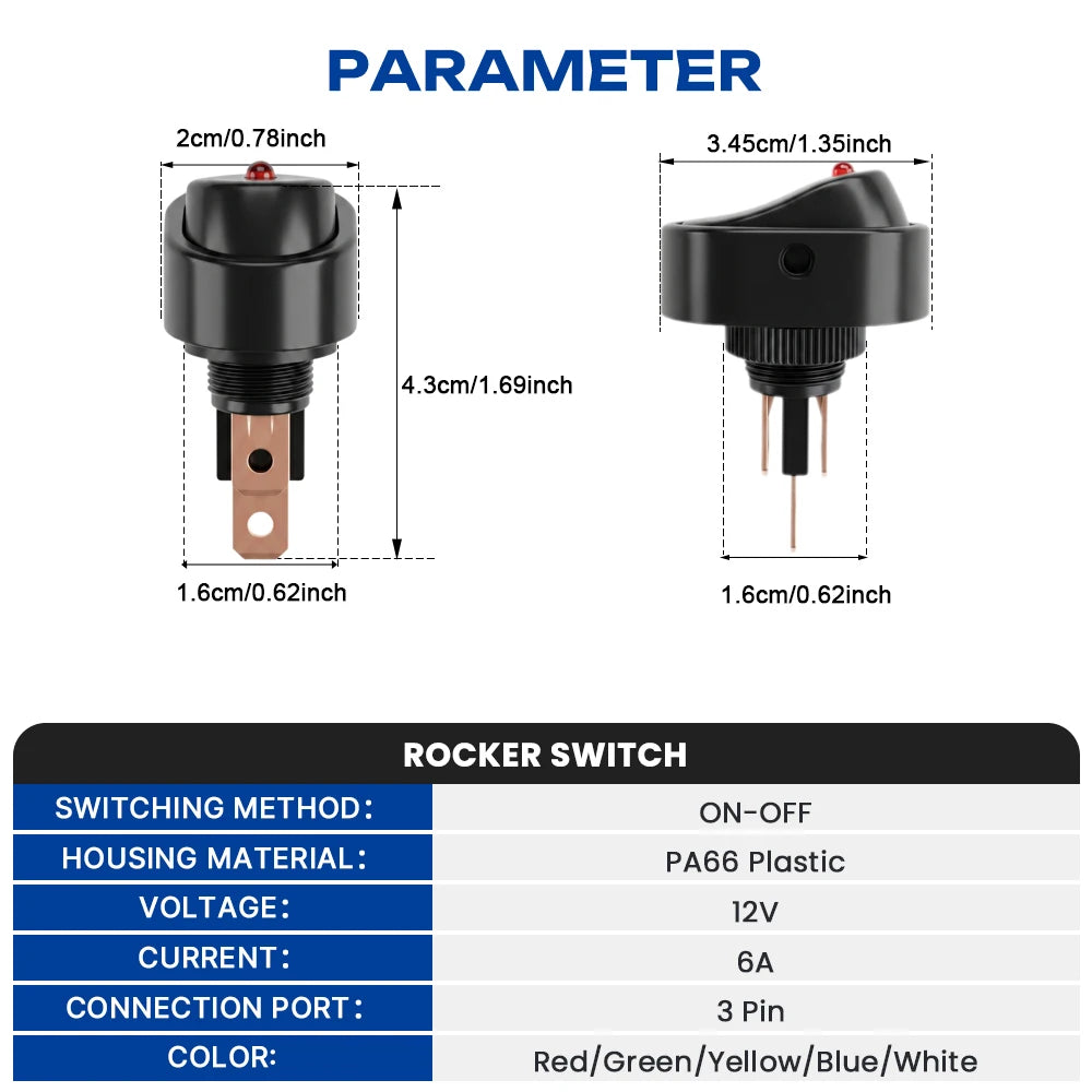 FILN 3Pcs 12V Rocker Switch 6A 3 Pin Threaded Mount Round LED Dot Light Toggle Power Switches for Small Home Appliance Auto