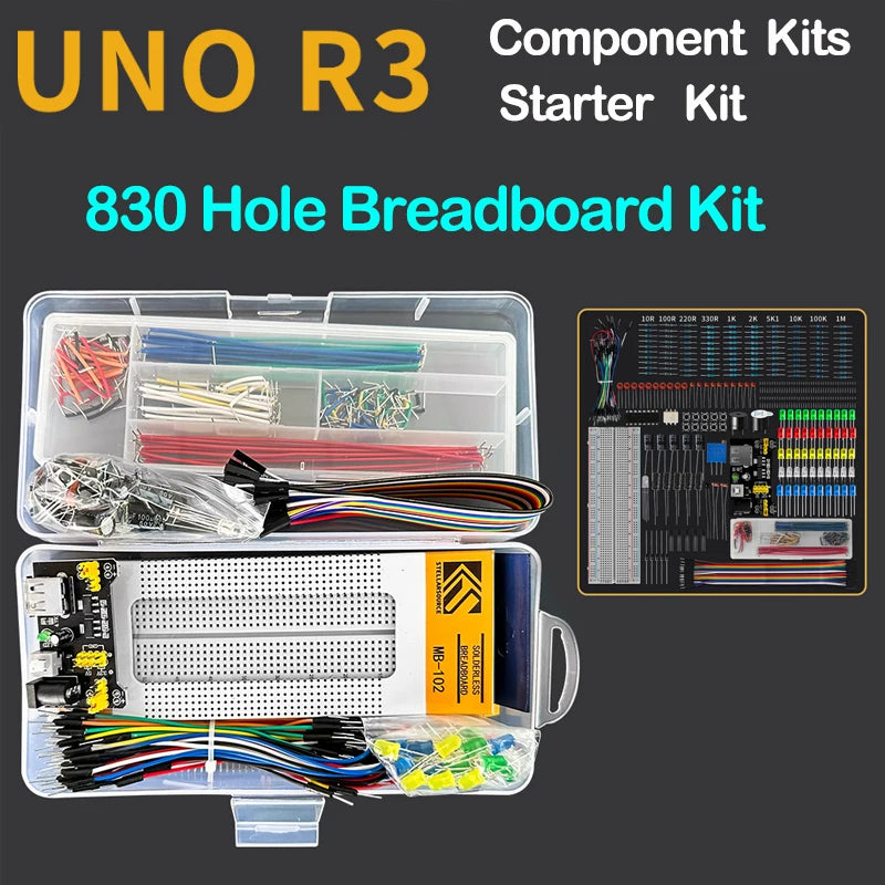 830 Hole Breadboard Kit for UNO R3 Component Kits Starter Kit MB-102 Jumper Caps Resistors LEDs Punchdowns Dupont Wire 2222