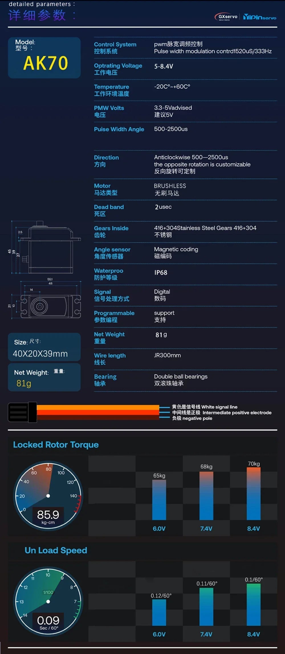 YIPIN Magnetic Coding Servo AK70 High Torque Full Metal Digital Servo 7.4V 70kg Brushless Motor IP67 180 Degree for RC Car Robot