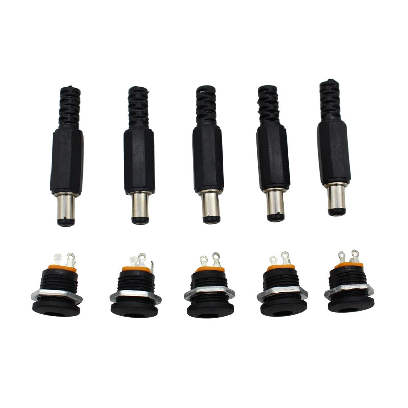 10PCS (5Pairs) DC12V 5.5 x 2.1mm Plastic Male Plugs DC022 DC Power Socket Female Jack Screw Nut Panel Mount Connector