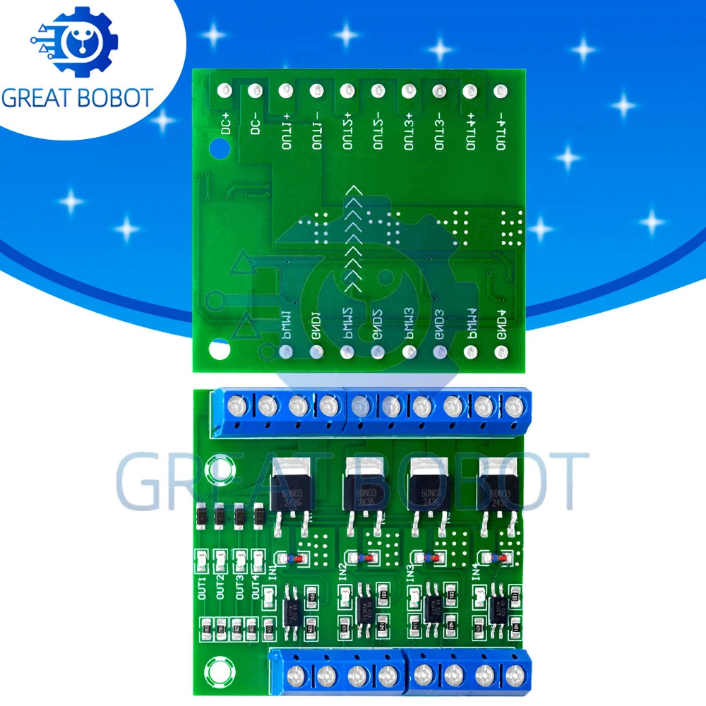 MOSFET 4-Channel Pulse-Triggered Switch Controller Board with PWM and Optocoupler Isolation for Motor and LED Lighting DC5V-20V