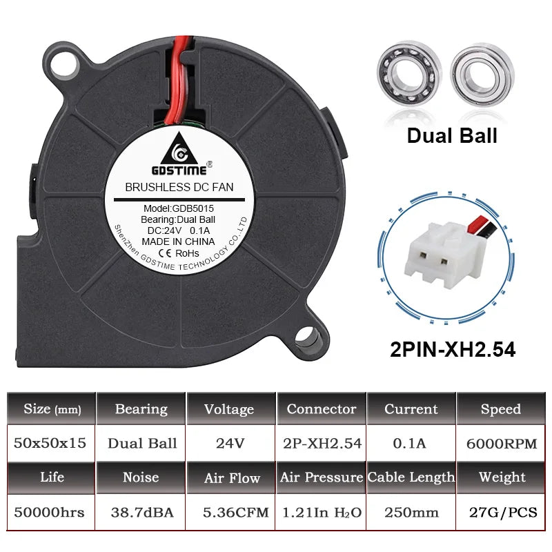 Gdstime 50mm 5015 Blower Fan DC 5V 12V 24V For 3D Printer Parts Centrifugal Cooling Fans 50x50x15mm Turbo Cooler 2Pin USB