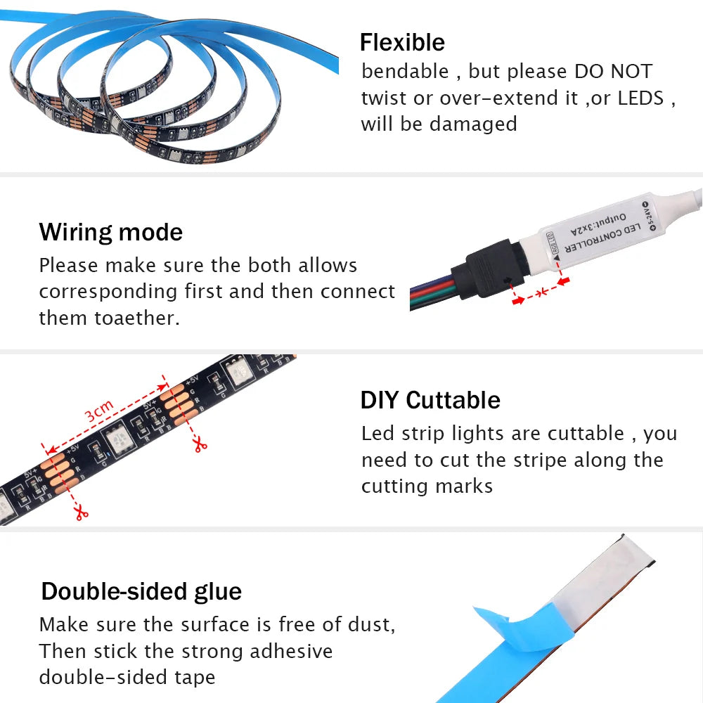 5V LED Strip Lights RGB 5050 3AA Battery Powered Flexible LED Light Strip with Remote Control for TV Backlight Bars Cabinets