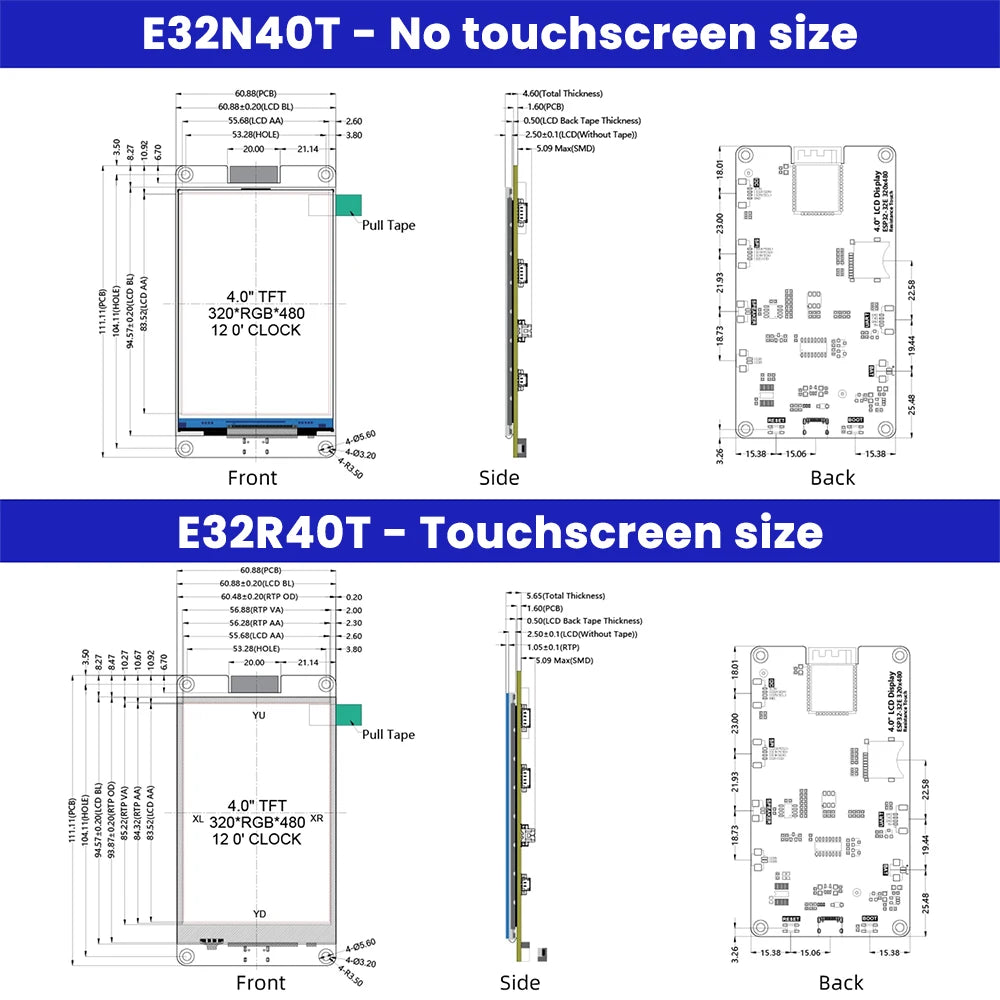 4.0-inch ESP32 WiFi Bluetooth Development Board Touchscreen ST7796S Driver 320*480 Smart Display Module Onboard ESP32-32E Module