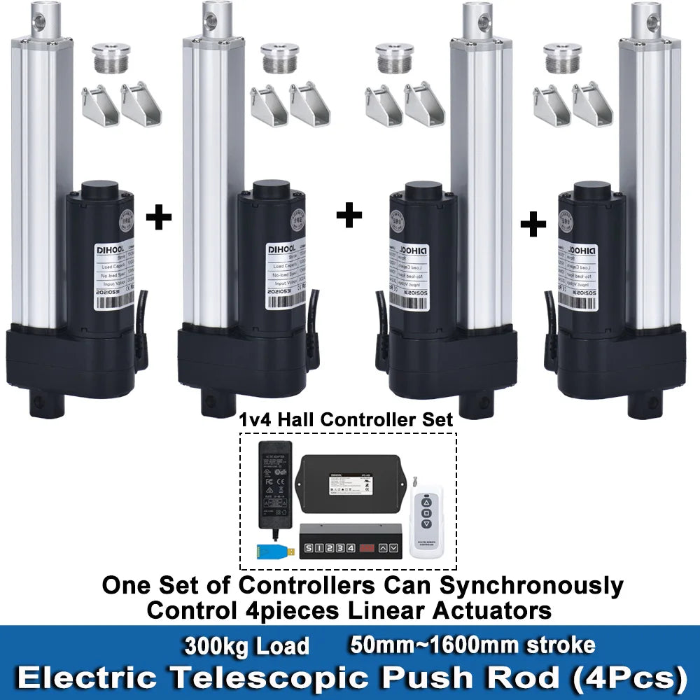 3000N 4Pieces Linear Actuators with Synchronous Control Hall Controller Set(1V4) 24V 50MM~1600MM Stroke 30kg~300kg Load 50MM/S